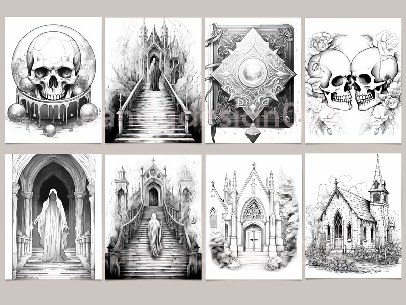 May include: A set of eight black and white illustrations featuring gothic and spooky themes. The illustrations include a skull in a bubble, a gothic castle, a book with a skull, two skulls with roses, a ghost in a doorway, a ghost on a staircase, a gothic church, and a small church in a field.