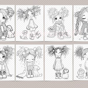 Peut inclure: Une collection de huit illustrations en noir et blanc au trait repr&eacute;sentant de jeunes personnages avec des couettes et des n&oelig;uds, chacun accompagn&eacute; d'un petit chien. Les dessins montrent diverses poses, assises ou debout, avec des v&ecirc;tements d&eacute;taill&eacute;s.
