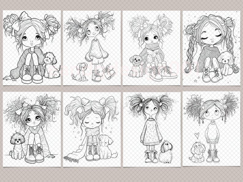 Peut inclure: Une collection de huit illustrations en noir et blanc au trait repr&eacute;sentant de jeunes personnages avec des couettes et des n&oelig;uds, chacun accompagn&eacute; d'un petit chien. Les dessins montrent diverses poses, assises ou debout, avec des v&ecirc;tements d&eacute;taill&eacute;s.