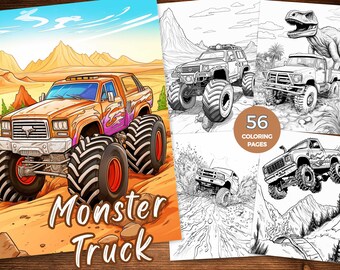 Puede incluir: Un libro para colorear con 56 páginas de monster trucks. La portada muestra un monster truck naranja brillante con llamas moradas en el lateral, conduciendo por un paisaje desértico. El texto "Monster Truck" está escrito en letras grandes y negritas debajo del camión.