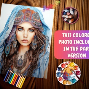 May include: A detailed pencil drawing of a woman with long brown hair wearing a blue headscarf with intricate gold and red embroidery. She is wearing a gold necklace with a pendant and earrings. The drawing is on white paper.