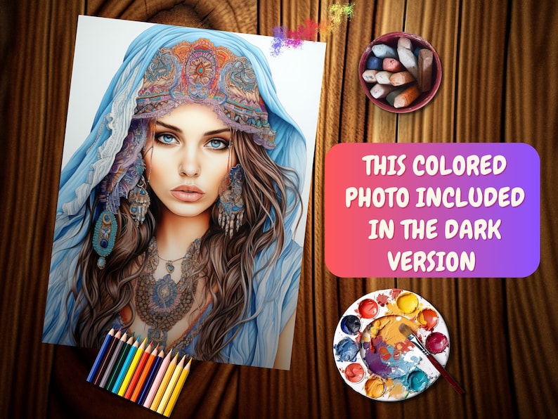 May include: A detailed pencil drawing of a woman with long brown hair wearing a blue headscarf with intricate gold and red embroidery. She is wearing a gold necklace with a pendant and earrings. The drawing is on white paper.
