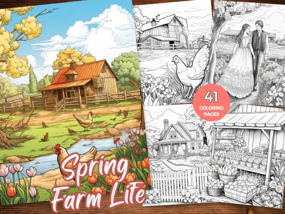Spring Farm Life Coloring Pages for Adults Instant Download Spring Time Coloring Page Country Farm Coloring Pages Farm Themed Coloring Book