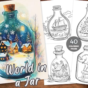 Peut inclure: Un bocal en verre bleu avec un bouchon en liège contient une scène de village d'hiver avec des maisons recouvertes de neige et un ciel étoilé. Le texte "World in a Jar" est écrit sous le bocal.