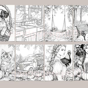 May include: A set of eight black and white coloring pages featuring various scenes, including a puppy in a basket, a kitchen sink, a swing set, a park bench, two kittens, a vintage truck, a woman with a rooster, and a woman with pumpkins.