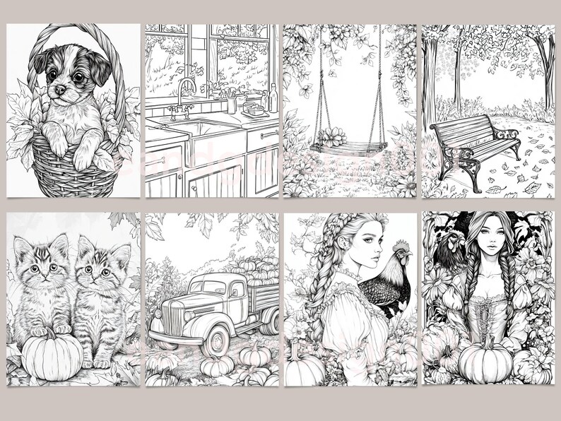 May include: A set of eight black and white coloring pages featuring various scenes, including a puppy in a basket, a kitchen sink, a swing set, a park bench, two kittens, a vintage truck, a woman with a rooster, and a woman with pumpkins.