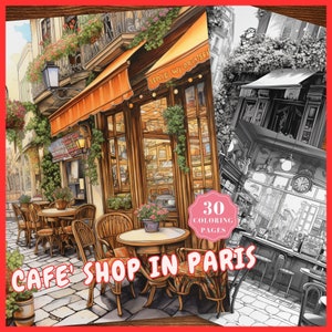Kolorowanka Cafe Kolorowanki Cafe' Shop w Paryżu Kolorowanki Coffee Shop Francja Kolorowanki Cafe Natychmiastowe pobieranie Skala szarości PDF