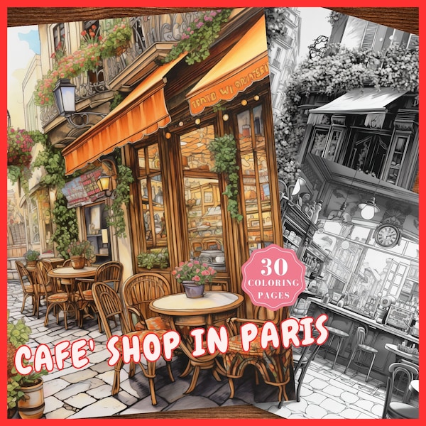 Coloring Book Cafe Coloring Pages Cafe' Shop in Paris Coffee Shop Coloring Sheets France Cafe Colouring Pages Instant Download Grayscale PDF