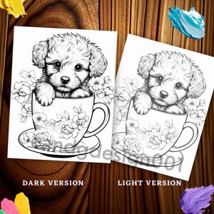 May include: A black and white line drawing of a small dog sitting in a teacup with flowers. The image is labeled "DARK VERSION" and "LIGHT VERSION".