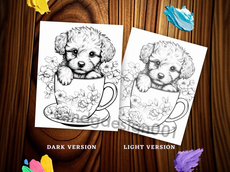 May include: A black and white line drawing of a small dog sitting in a teacup with flowers. The image is labeled "DARK VERSION" and "LIGHT VERSION".