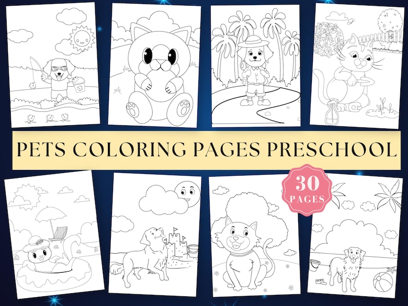Puede incluir: P&aacute;ginas para colorear en blanco y negro con diferentes mascotas, incluyendo un gato, un perro y un p&aacute;jaro. Las p&aacute;ginas est&aacute;n dise&ntilde;adas para ni&ntilde;os de preescolar e incluyen 30 p&aacute;ginas en total.