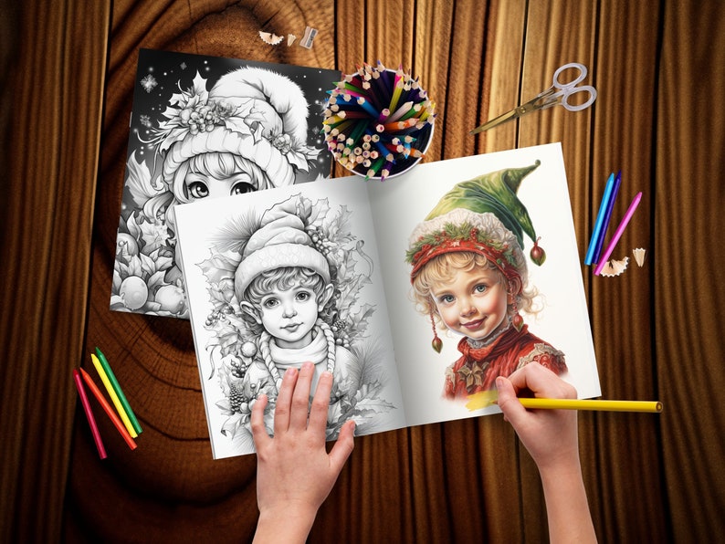 May include: An open colouring book with two illustrations of elves. The elf on the left is wearing a green hat and a red and white outfit. The elf on the right is wearing a blue hat and a brown and white outfit. The book is open on a wooden table with coloured pencils and a pencil sharpener.