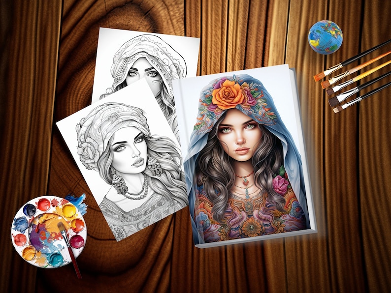 May include: A coloring book page featuring a woman with long dark hair wearing a blue headscarf with floral embroidery. The woman has a flower in her hair and is looking at the viewer. The page is surrounded by paintbrushes, a paint palette, and a globe.