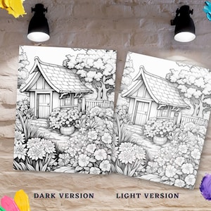 May include: Two versions of a black and white line drawing of a cottage with a garden. The left image is darker and the right image is lighter. The cottage has a gabled roof and a small porch. The garden has flowers, trees, and a fence.