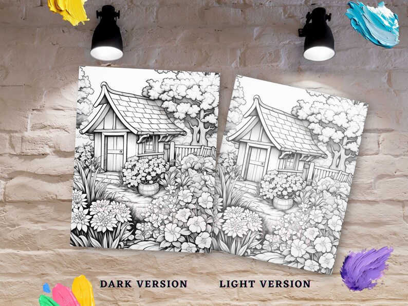 May include: Two versions of a black and white line drawing of a cottage with a garden. The left image is darker and the right image is lighter. The cottage has a gabled roof and a small porch. The garden has flowers, trees, and a fence.