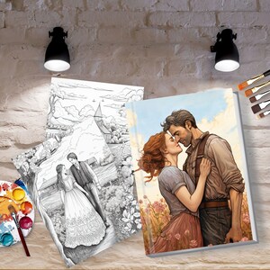 May include: A couple embraces in a field of pink flowers. The man is wearing a blue shirt and brown pants. The woman is wearing a pink dress. The background is a blue sky with white clouds. The image is a painting.