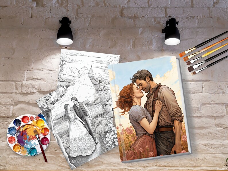 May include: A couple embraces in a field of pink flowers. The man is wearing a blue shirt and brown pants. The woman is wearing a pink dress. The background is a blue sky with white clouds. The image is a painting.
