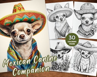 May include: A coloring book featuring 30 pages of illustrations of a chihuahua wearing a sombrero. The book is titled "Mexican Canine Companion".