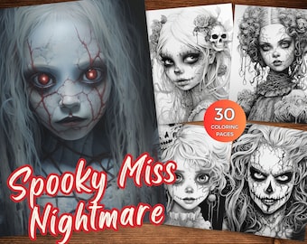 Puede incluir: Un libro para colorear con 30 páginas que presenta ilustraciones espeluznantes y detalladas de chicas con maquillaje y peinados espeluznantes. La portada presenta a una chica con ojos rojos y piel agrietada. El título del libro es "Spooky Miss Nightmare".