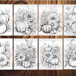 May include: Eight black and white printable coloring pages featuring pumpkins and flowers. The pages are perfect for fall-themed crafts and activities.