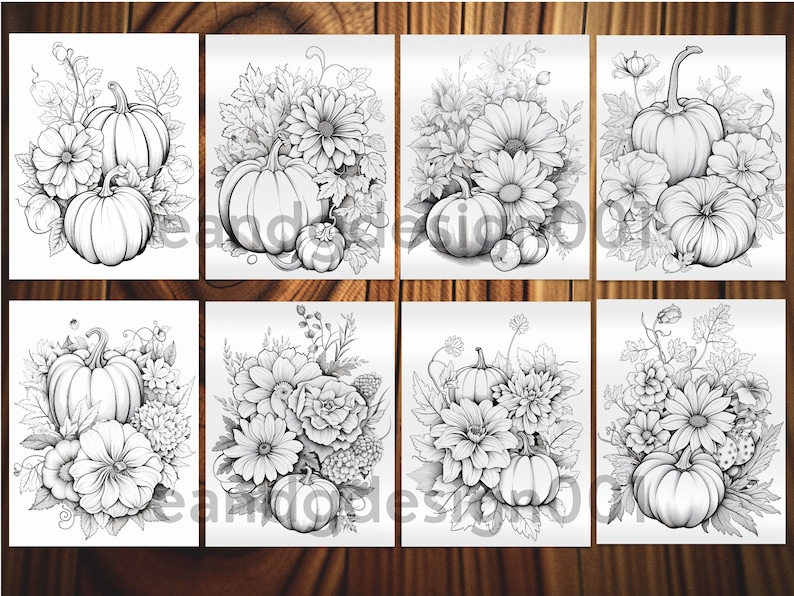May include: Eight black and white printable coloring pages featuring pumpkins and flowers. The pages are perfect for fall-themed crafts and activities.