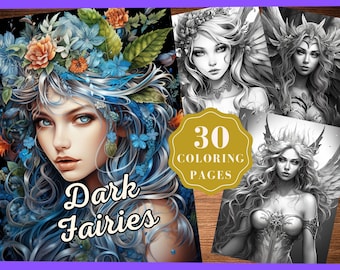 Dark Fairies Grayscale Coloring Pages, Instant Download - Dark and Light Grayscale version, Printable PDF, Adults, Fantasy Coloring