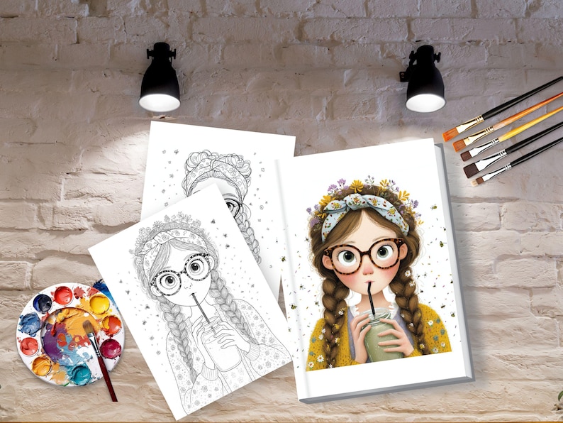 May include: Illustration of a girl with glasses and braids, drinking from a glass, surrounded by coloring book pages and art supplies. The girl wears a floral headband and a yellow sweater. A watercolor palette and paintbrushes are also visible.