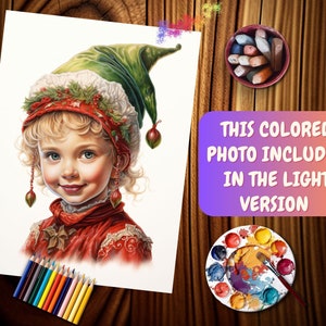 May include: A colourful illustration of a young girl wearing a red and green elf hat with a holly sprig and berries. The girl has blonde hair and is smiling. The illustration is done in a realistic style.