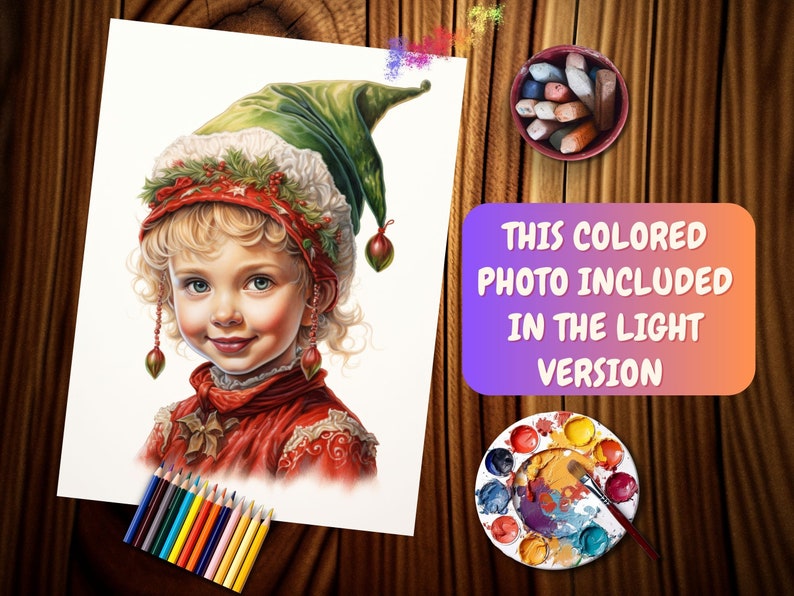 May include: A colourful illustration of a young girl wearing a red and green elf hat with a holly sprig and berries. The girl has blonde hair and is smiling. The illustration is done in a realistic style.