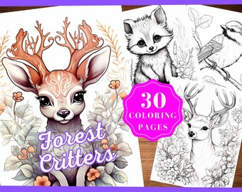 Forest Critters Coloring Page Woodland Animal Colouring Book for Adults and kids Instant download Squirrel Fox Bear Raccoon Beaver Printable