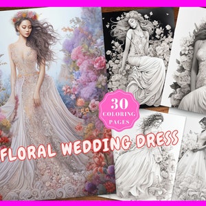 大人のためのウェディングドレスの塗り絵 花柄のウェディングドレスの塗り絵 印刷可能なPDF 即時ダウンロード 美しい女性のグレースケール塗り絵