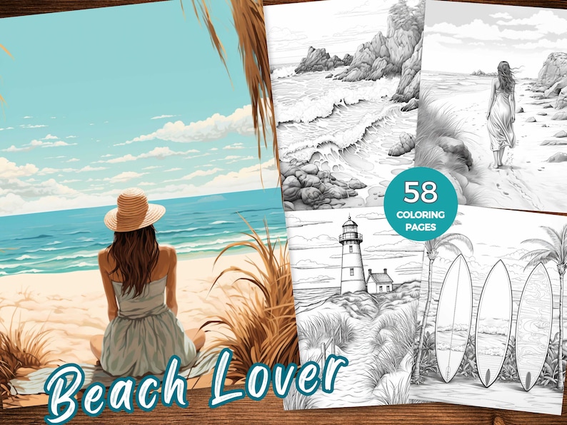 Op de afbeelding: Een kleurboek met 58 pagina's met strandscenes. De omslag toont een vrouw met een strohoed die op een strand zit en uitkijkt over de zee. De tekst "Beach Lover" staat onderaan de omslag.