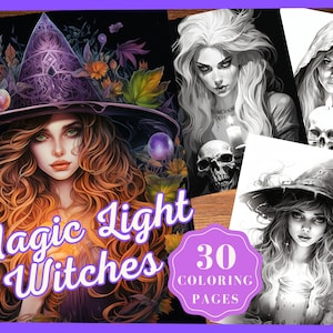 Magic Light Witch Coloring Pages, Fantasy Witch Grayscale Coloring Pages for Adults Instant Download Printable Anime Witch Coloring Book