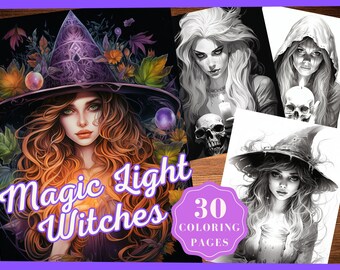 May include: A coloring book cover featuring a witch with a purple hat and long red hair. The title of the book is "Magic Light Witches" and there are 30 coloring pages.