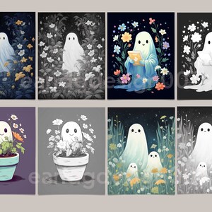 K&ouml;nnte beinhalten: Ein Satz von acht digitalen Illustrationen mit einem Geist in verschiedenen Umgebungen. Der Geist ist in verschiedenen Farben und Posen dargestellt, darunter stehend in einem Blumenfeld, sitzend in einem Blumentopf und ein Buch lesend. Die Illustrationen sind im skurrilen Stil gehalten und w&auml;ren perfekt f&uuml;r ein Halloween-Projekt.