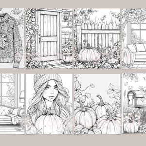 May include: A set of eight black and white coloring pages featuring autumn themes. The pages include a sweater, a door, a fence, a couch, a woman with a pumpkin, a mailbox, and pumpkins in a field.