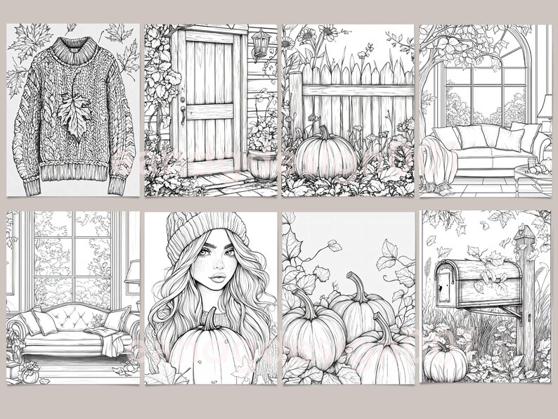 May include: A set of eight black and white coloring pages featuring autumn themes. The pages include a sweater, a door, a fence, a couch, a woman with a pumpkin, a mailbox, and pumpkins in a field.