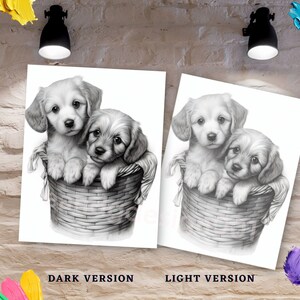 May include: Two adorable puppies, one brown and one white, are sitting in a wicker basket. The puppies are looking at the camera with big, innocent eyes. The image is in black and white, creating a classic and timeless look.