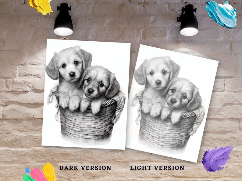 May include: Two adorable puppies, one brown and one white, are sitting in a wicker basket. The puppies are looking at the camera with big, innocent eyes. The image is in black and white, creating a classic and timeless look.