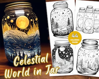 Celestial In Jar Coloring Pages Terrarium Coloring Book for Adults Instant Download Celestial Moon Coloring Sheets Cosmic Landscape Coloring