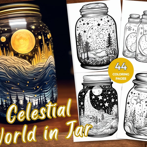 Celestial In Jar Coloring Pages Terrarium Coloring Book for Adults Instant Download Celestial Moon Coloring Sheets Cosmic Landscape Coloring