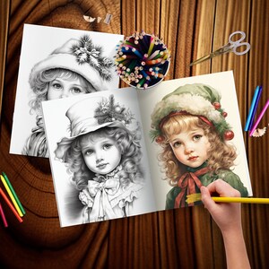 Vintage Christmas little girl coloring pages Holiday-themed coloring pages featuring little girls Winter Girls coloring book Grayscale color image 7