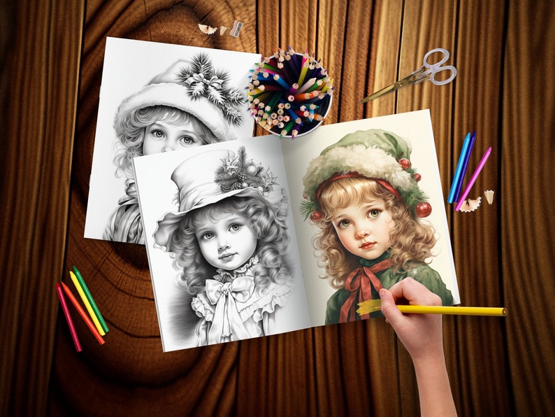 Vintage Christmas little girl coloring pages Holiday-themed coloring pages featuring little girls Winter Girls coloring book Grayscale color image 7