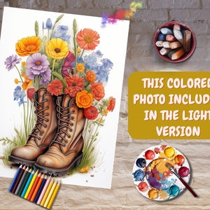 May include: A pair of brown leather boots with laces are filled with colorful flowers, including yellow, orange, red, purple, and blue. The boots are sitting on a white background. "THIS COLORED PHOTO INCLUDED IN THE LIGHT VERSION" is written in yellow text on a brown rectangle.
