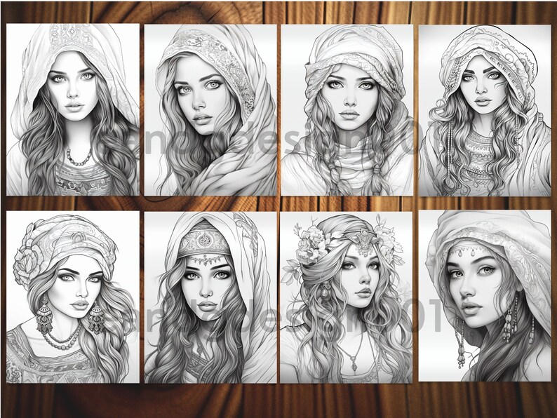 Beautiful Gypsy Girls coloring pages for adults Instant Download Gypsy Beauty coloring pages Mystical Gypsy girls coloring sheets Grayscale image 9