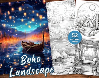 Boho Landschap Kleurboek Minimalistische Kleurplaten Bundel Afdrukbare landschapskleurplaten in grijstinten Landschapskleuring voor volwassenen