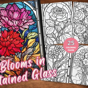 Stained Glass Flowers coloring pages of Stained Glass Windows Coloring Pages Stained Glass Flower Grayscale colorig Book Instant Download