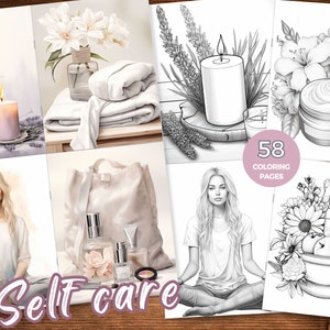 May include: A set of 58 coloring pages with a self-care theme. The pages feature illustrations of candles, flowers, bath products, and people meditating. The text "Self care" is written in a decorative font at the bottom of the image.