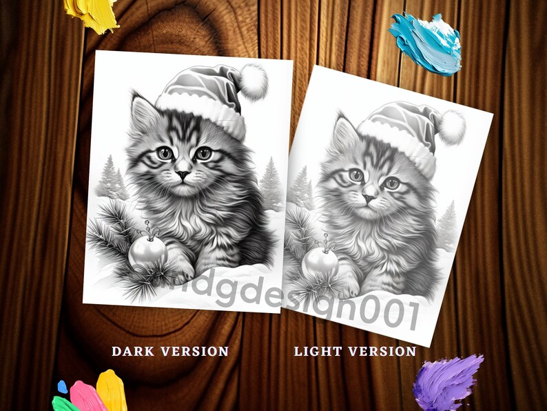 Puede incluir: Una ilustraci&oacute;n digital en blanco y negro de un gato con un gorro de Pap&aacute; Noel y sosteniendo un adorno navide&ntilde;o. El gato est&aacute; sentado en la nieve. La imagen est&aacute; etiquetada como "DARK VERSION" y "LIGHT VERSION".