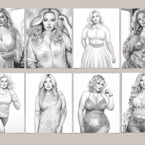 May include: A collection of eight black and white line drawings of women in various poses and clothing styles. The drawings are all in a realistic style and feature detailed facial features and clothing.
